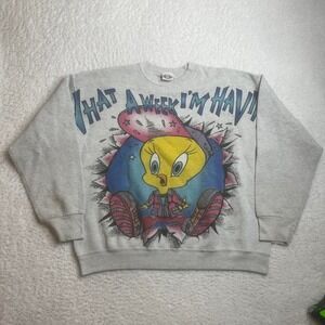 Vintage tweety bird men grey aop graphic crew neck sweatshirt Warner bros 1996 L